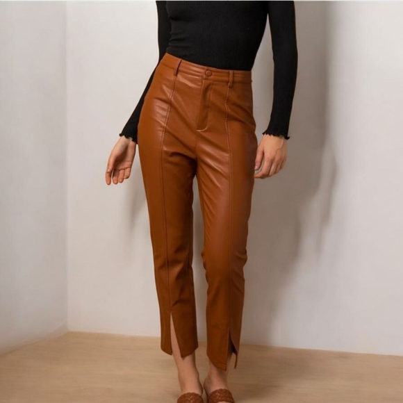 Jason Wu Pants - Jason Wu High Rise Vegan Leather Pant sz Medium Slim Fit Slit Hem Caramel NEW